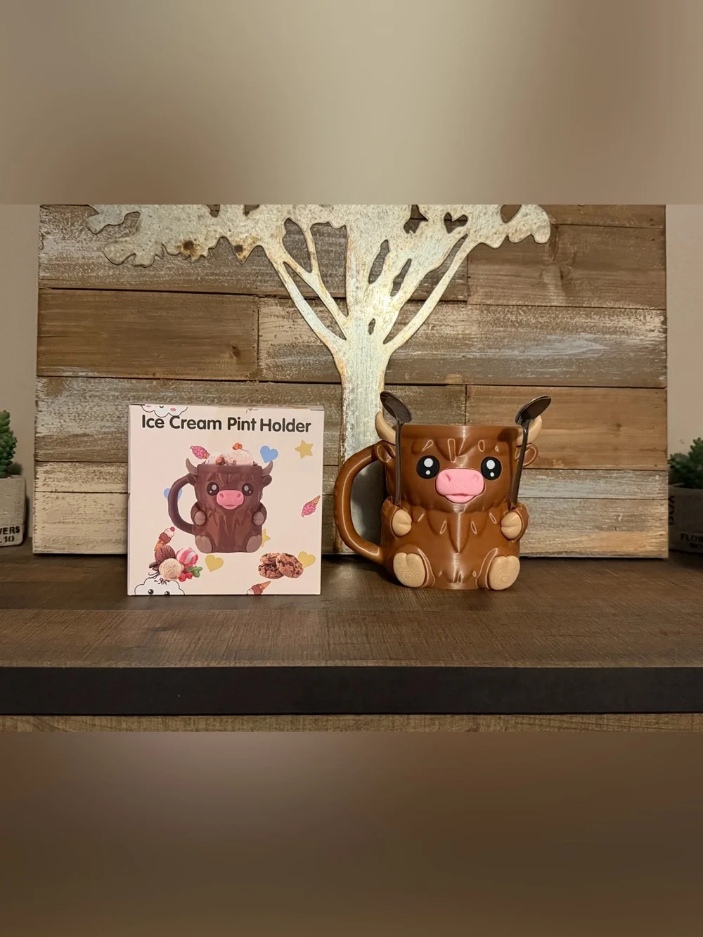 Cute Highland Cow Ice Cream Pint Holder Mug with 2 Spoons